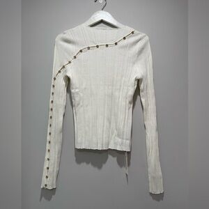 NEW Commense White Ribbed Long-Sleeve Top with Asymmetric Button Trim Size XL